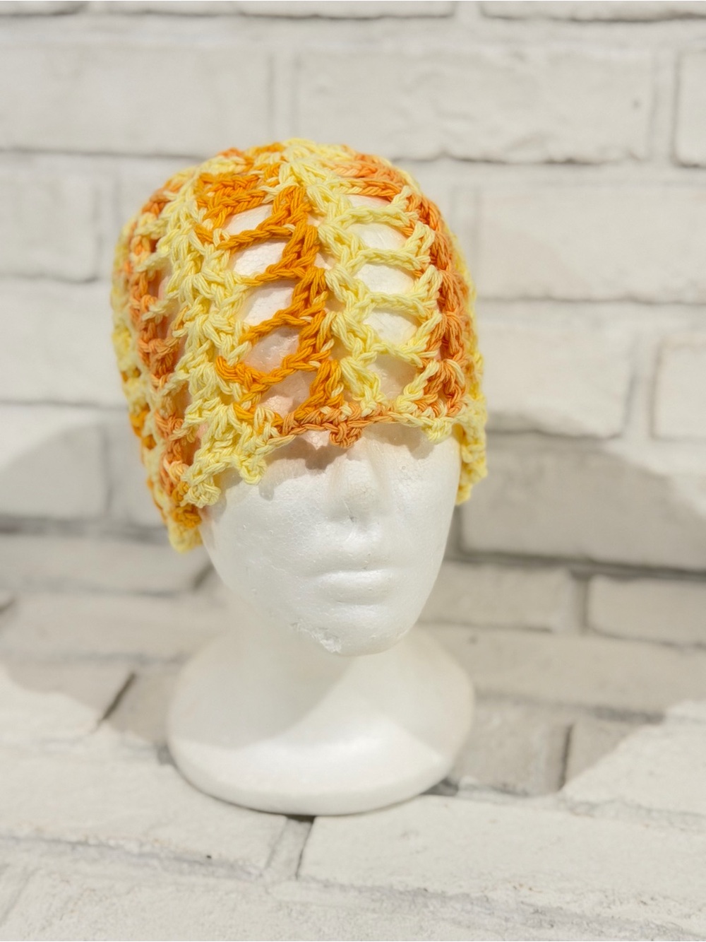 Handcrafted Crochet Open-Stitch Beanie - Yellow & Orange